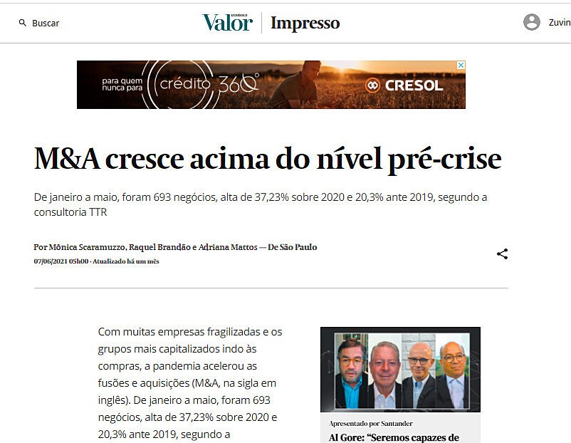 M&A cresce acima do nvel pr-crise